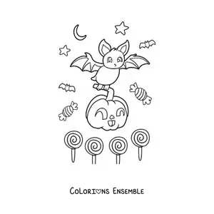 Image à colorier d’une chauve-souris en dessin animé avec une citrouille et des bonbons d’Halloween