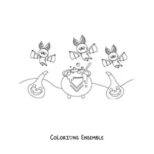 Image à colorier de chauves-souris avec un chaudron de sorcière et une citrouille d’Halloween