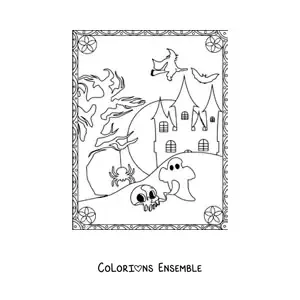 Image à colorier d’une chauve-souris volant à côté d’une maison hantée