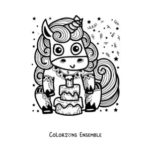Image à colorier d'une licorne animée avec un gâteau d'anniversaire