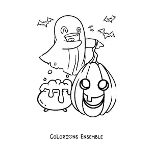 Image à colorier d’un joli fantôme avec une citrouille d’Halloween