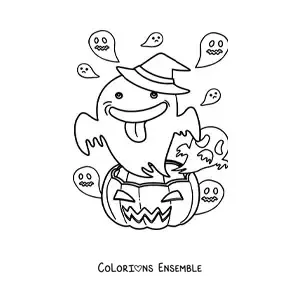 Image à colorier d’un fantôme en dessin animé avec une citrouille d’Halloween