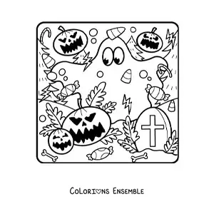 Image à colorier d’un fantôme amusant avec des citrouilles d’Halloween