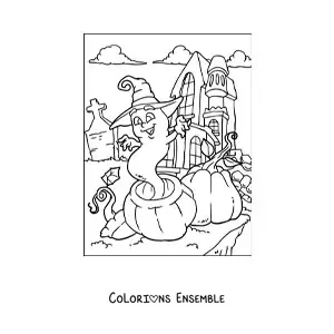 Image à colorier d’un fantôme en dessin animé avec un chapeau de sorcière et une maison hantée