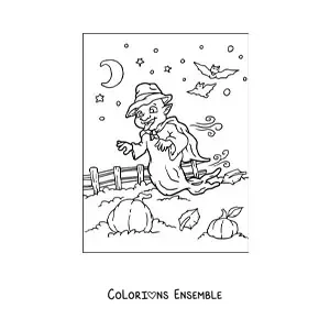 Image à colorier d’un fantôme en dessin animé dans un champ de citrouilles