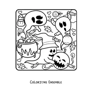 Image à colorier d’un fantôme avec un chapeau de sorcière et un chaudron