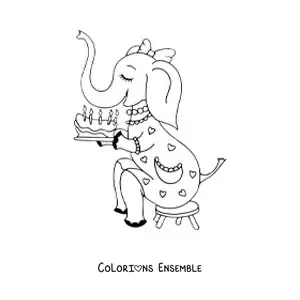 Image à colorier d'un éléphant animé avec un gâteau d'anniversaire