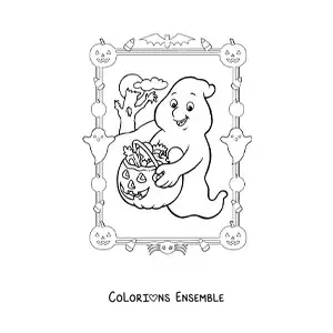 Image à colorier d’un fantôme de dessin animé avec des bonbons d’Halloween
