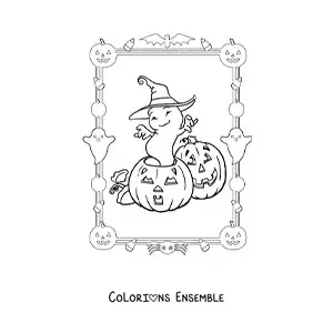 Image à colorier d’un fantôme de dessin animé avec un chapeau de sorcière à Halloween