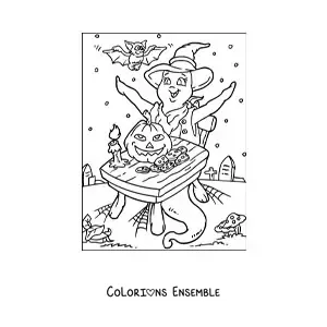 Image à colorier d’un fantôme en dessin animé avec une citrouille d’Halloween et des chauves-souris