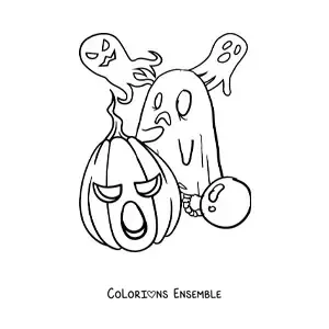 Image à colorier de fantômes et d’un enfant déguisé en fantôme à Halloween