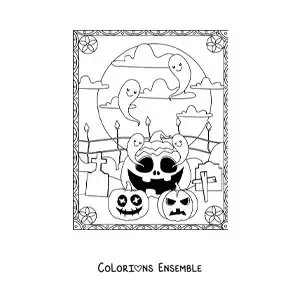 Image à colorier de fantômes avec des citrouilles d’Halloween effrayantes