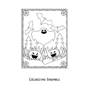 Image à colorier d’un fantôme avec des citrouilles d’Halloween effrayantes et des chauves-souris