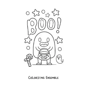 Image à colorier d’un enfant déguisé en fantôme à Halloween