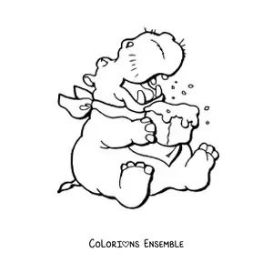 Image à colorier d'un hippopotame animé qui mange un gâteau