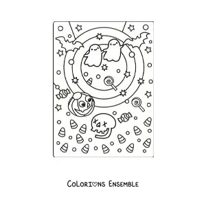 Image à colorier de fantômes kawaii avec un crâne et des chauves-souris