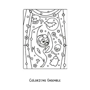 Image à colorier d’un fantôme kawaii avec une citrouille d’Halloween et des bonbons