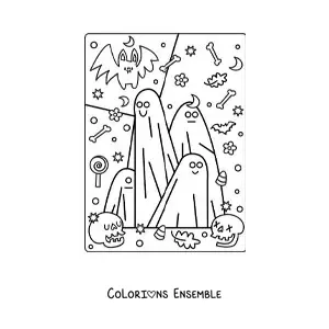 Image à colorier de fantômes en dessin animé avec une chauve-souris kawaii
