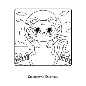 Image à colorier d’un chat kawaii sur une tombe à Halloween