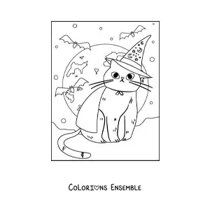 Image à colorier d’un chat kawaii avec un chapeau de sorcière et des chauves-souris