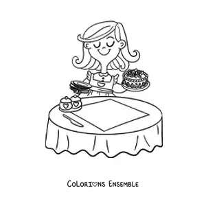 Image à colorier d'une maman qui pose un gâteau sur une table