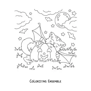 Image à colorier d’un chat kawaii mordant une citrouille d’Halloween