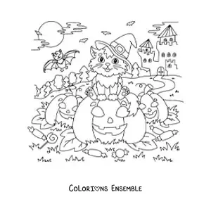 Image à colorier d’un chat kawaii avec un chapeau de sorcière assis sur une citrouille d’Halloween