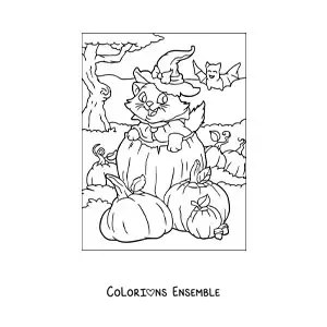 Image à colorier d’un chat kawaii avec un chapeau de sorcière dans une citrouille d’Halloween