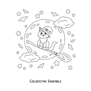 Image à colorier d’un chat kawaii avec un chapeau de sorcière volant sur un balai