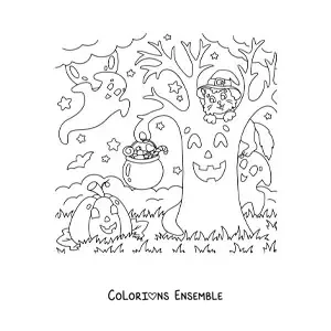 Image à colorier d’un chat kawaii avec un chapeau de sorcière sur un arbre lugubre