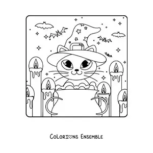 Image à colorier d’un chat kawaii avec un chaudron de sorcière et des bougies