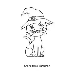 Image à colorier d’un grand chat d’Halloween avec un chapeau de sorcière