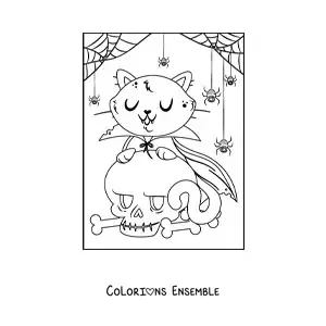 Image à colorier d’un chat vampire avec un crâne et des toiles d’araignée