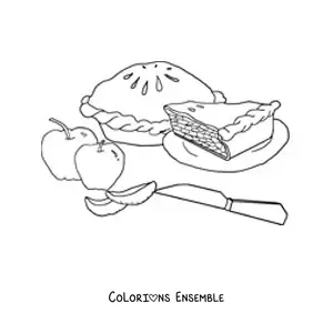Image à colorier d’une tarte aux pommes avec deux pommes et un couteau