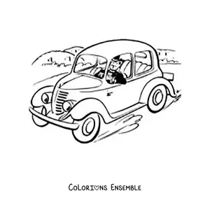 Image à colorier d’un homme élégant au volant d’une voiture vintage
