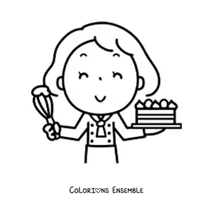 Image à colorier d'une petite pâtissière avec un gâteau
