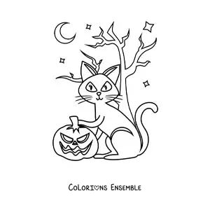 Image à colorier d’un chat en dessin animé avec une citrouille d’Halloween