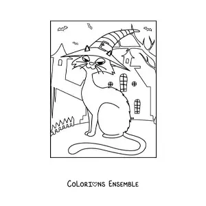 Image à colorier d’un chat en dessin animé avec un chapeau de sorcière dans une maison hantée