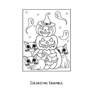 Image à colorier de chatons kawaii avec des citrouilles d’Halloween