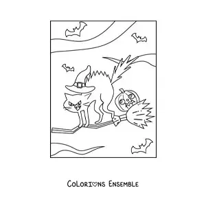 Image à colorier d’un chat volant sur un balai de sorcière à Halloween