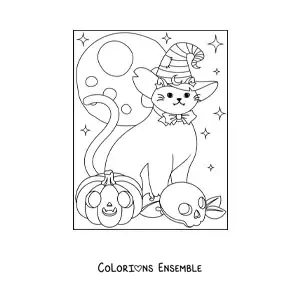 Image à colorier d’un chat kawaii avec un chapeau de sorcière et un crâne