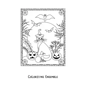 Image à colorier d’un chat avec des citrouilles d’Halloween effrayantes et des chauves-souris