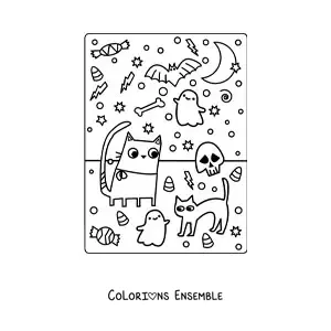 Image à colorier de chats en dessin animé avec des fantômes et des bonbons d’Halloween