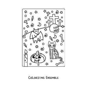 Image à colorier d’un chat en costume d’Halloween avec une citrouille kawaii