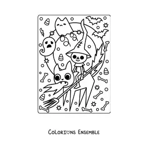 Image à colorier d’un chat avec un fantôme kawaii d’Halloween