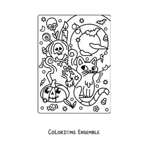 Image à colorier d’un chat en dessin animé avec une tombe et une citrouille kawaii à Halloween