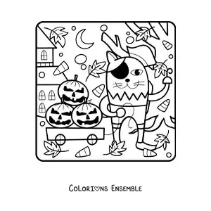 Image à colorier d’un dessin de chat avec des citrouilles d’Halloween