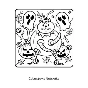 Image à colorier d’un dessin de chat dans une citrouille d’Halloween avec des fantômes