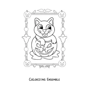 Image à colorier d’un dessin de chat mignon dans une citrouille d’Halloween