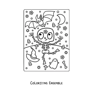 Image à colorier d’un squelette enfant dansant à Halloween